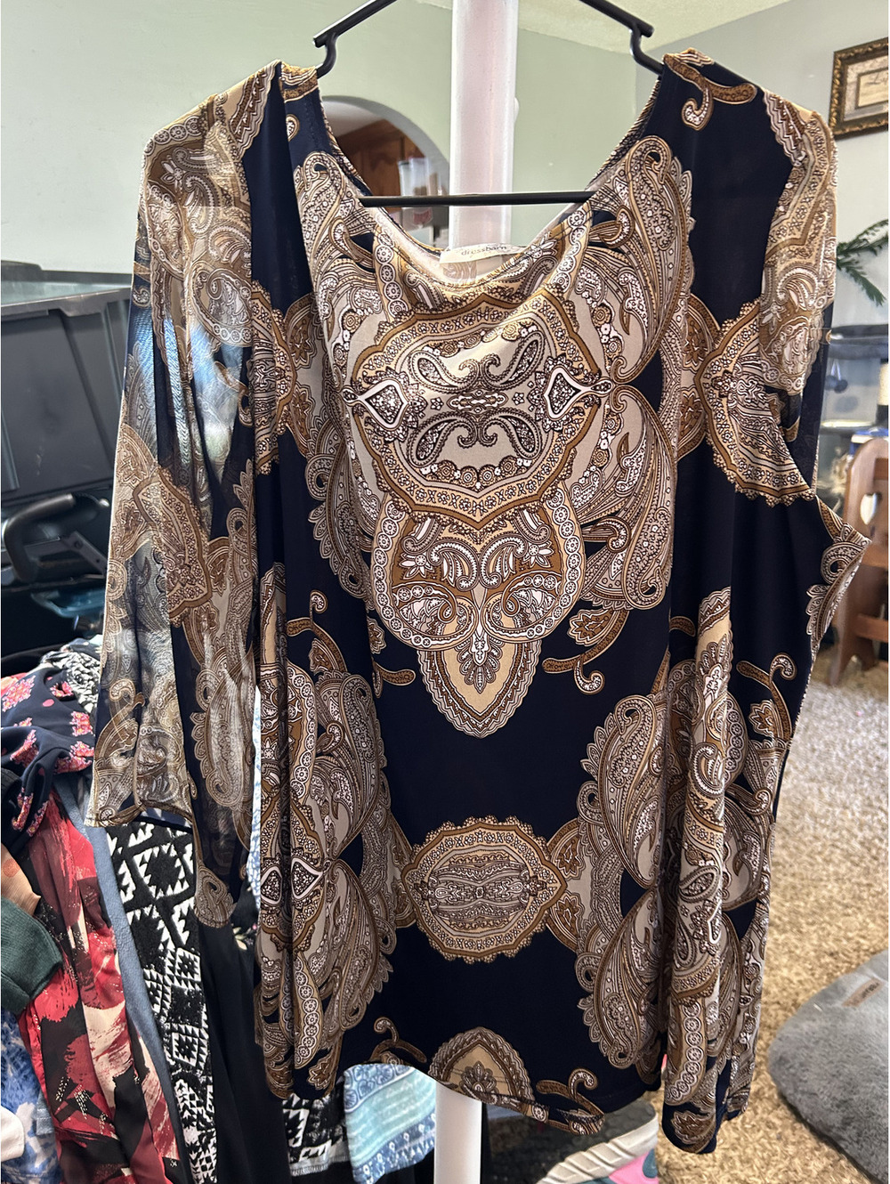 Dressbarn Women's 2X Black and Beige Paisley Pattern Blouse with Sheer Sleeves